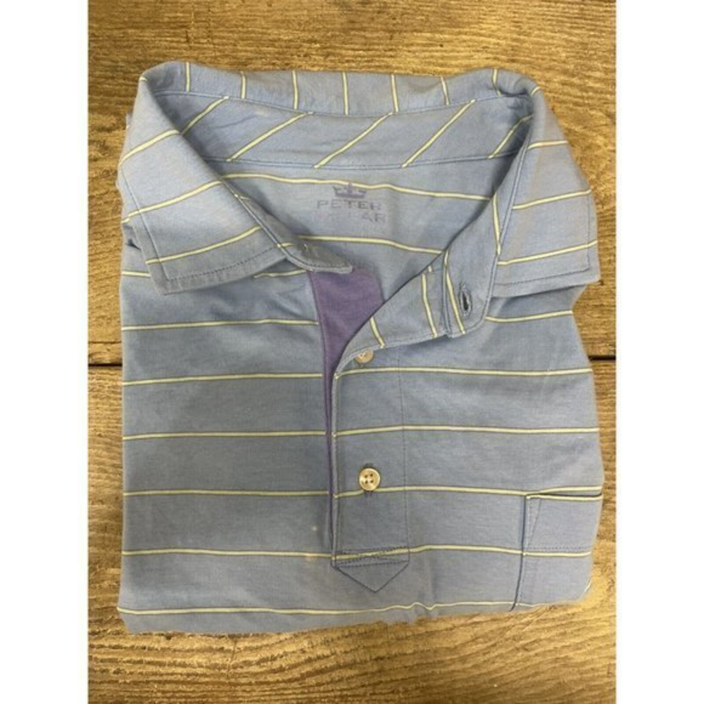 Peter Millar Polo Shirt - Light‎ Blue Seaside Wash Striped Short Sleeve - Large